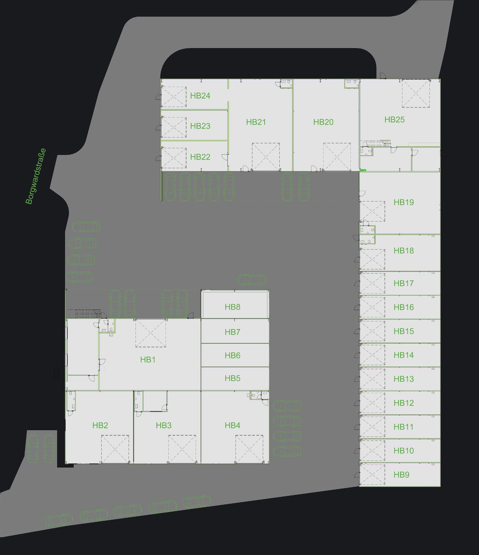 Lageplan des Industrieparks mit allen Hallenbereichen HB1 bis HB25